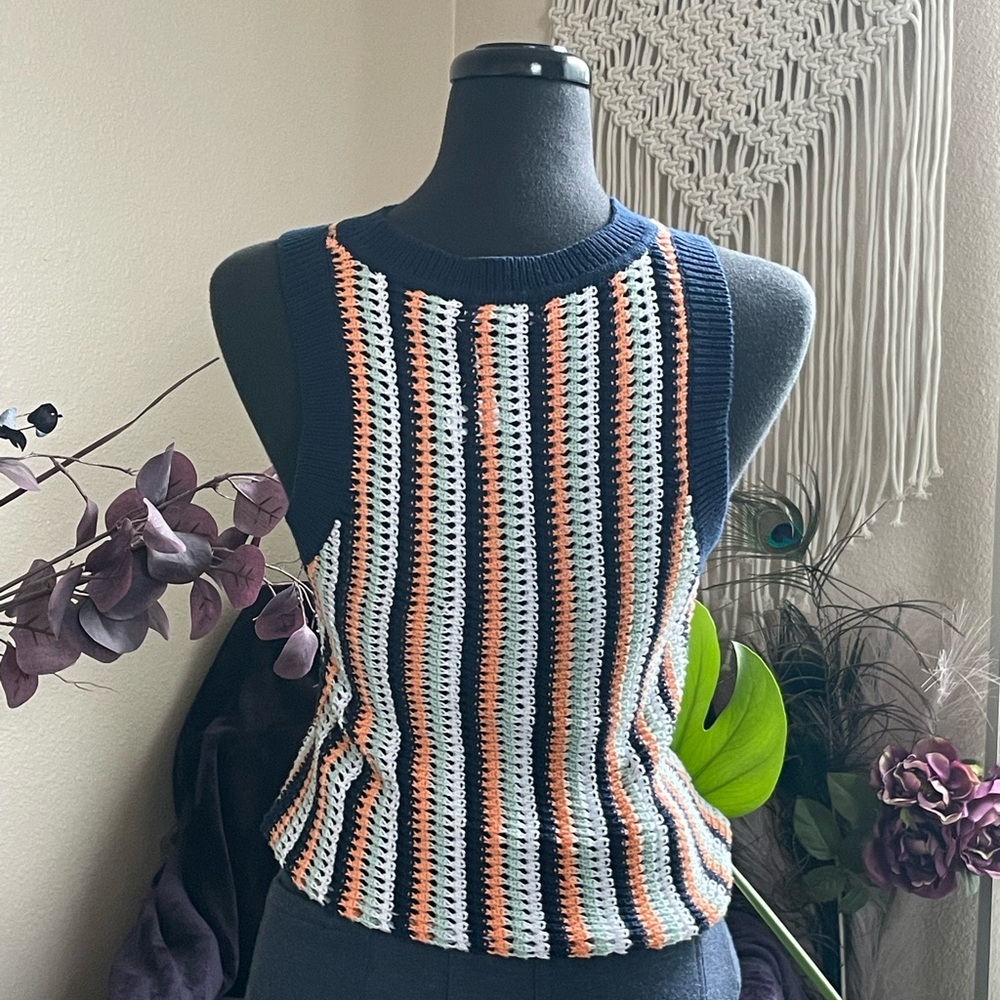 525 America Krista Stripe Vertical Crochet Tank Coastal Beach Festival - Picture 3 of 16